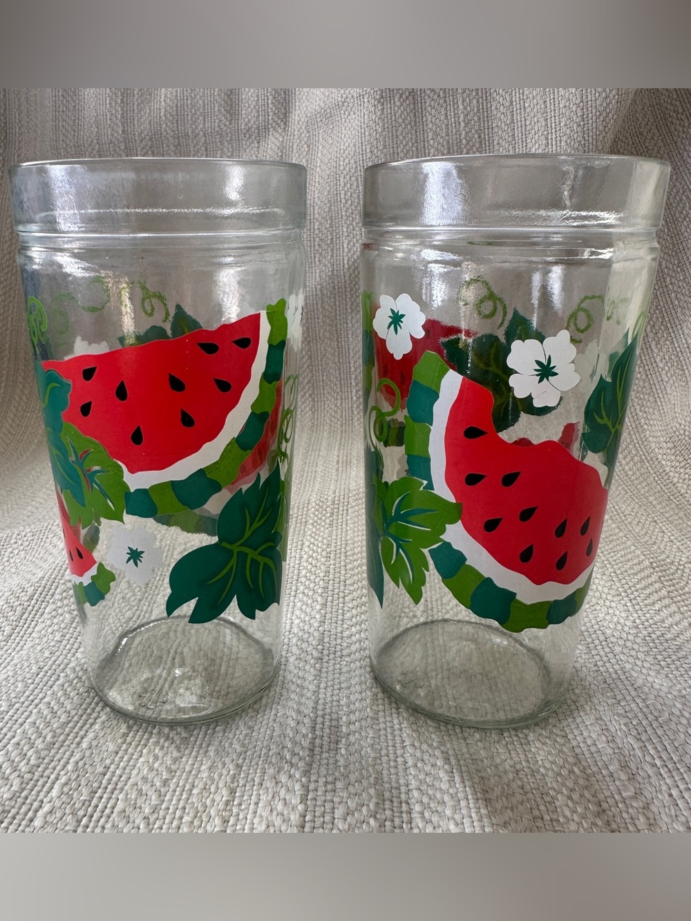 Set of 2 Vintage Anchor Hocking Watermelon Jelly Jar Drinking Glasses Vine
